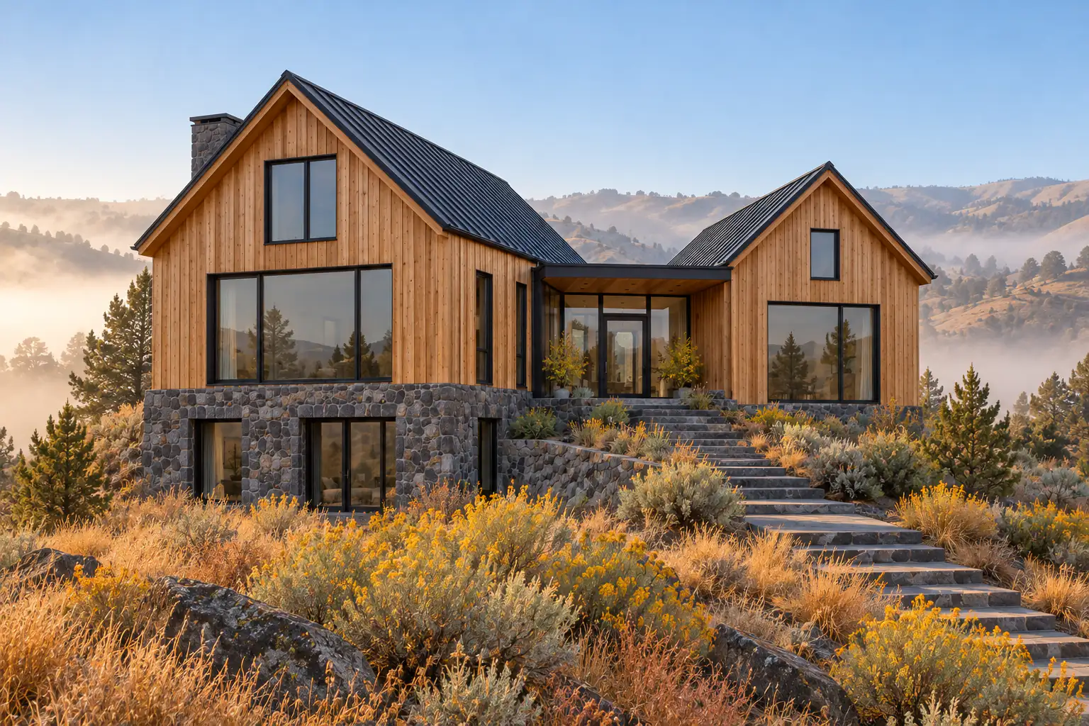 Two gabled cedar pavilions on a basalt stone base, joined by a glass entry link, with a stone stair climbing through yellow-flowering rabbitbrush and mist lying in the valleys behind.