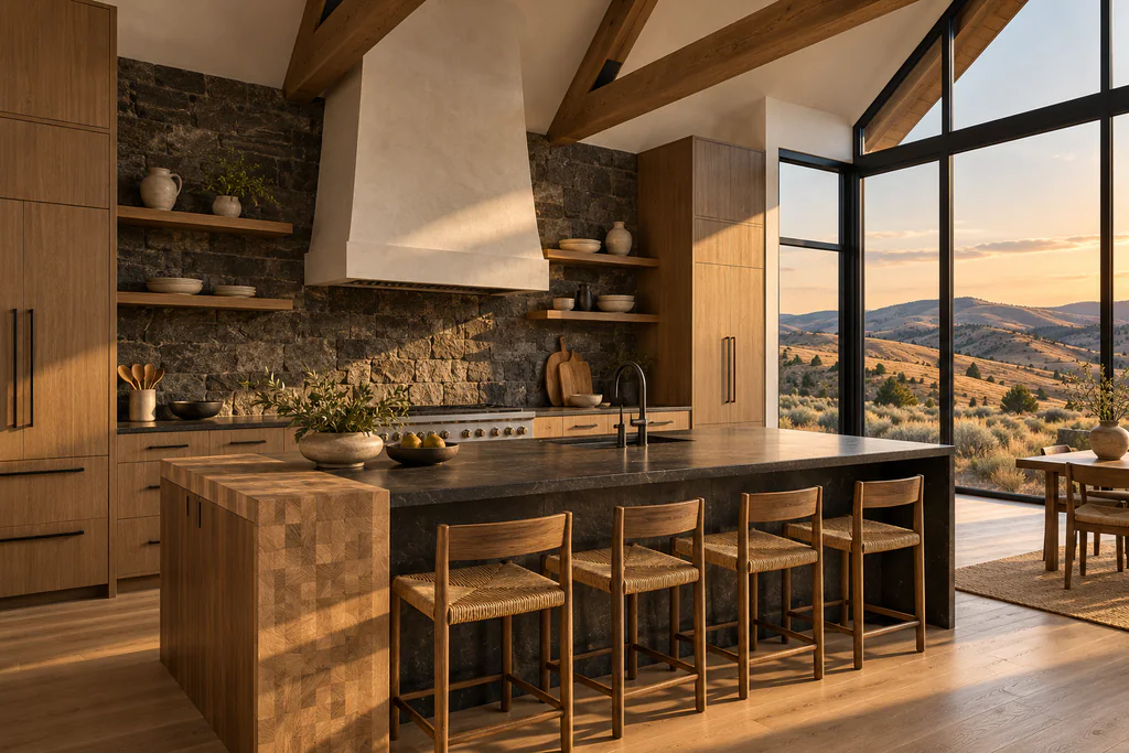 A large kitchen under a vaulted ceiling: smoked-oak cabinets, a rough stone hood wall, a long black island with a wood block at one end, rush stools and a tall corner window.