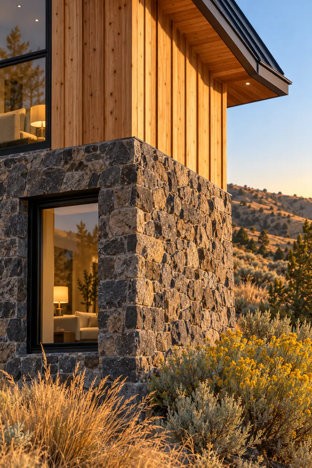The corner where a basalt stone wall meets honey-coloured cedar board-and-batten, with a deep-set black window, a dark roof edge and yellow rabbitbrush at the base.