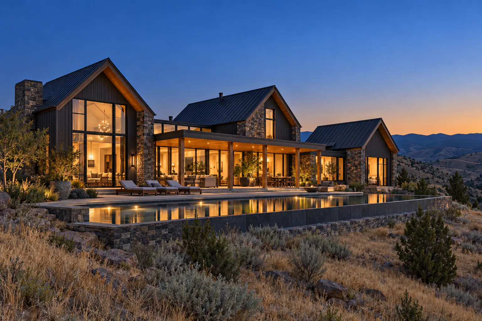 Three gabled volumes step down a ridge top at blue hour, with a cedar loggia across the middle, a lap pool in front and every window lit under a deep blue sky.