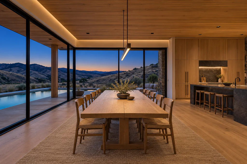 A long oak dining table with ten chairs under a slim bronze pendant, the kitchen beyond, and a wall of glass doors onto a loggia and a pool at dusk.