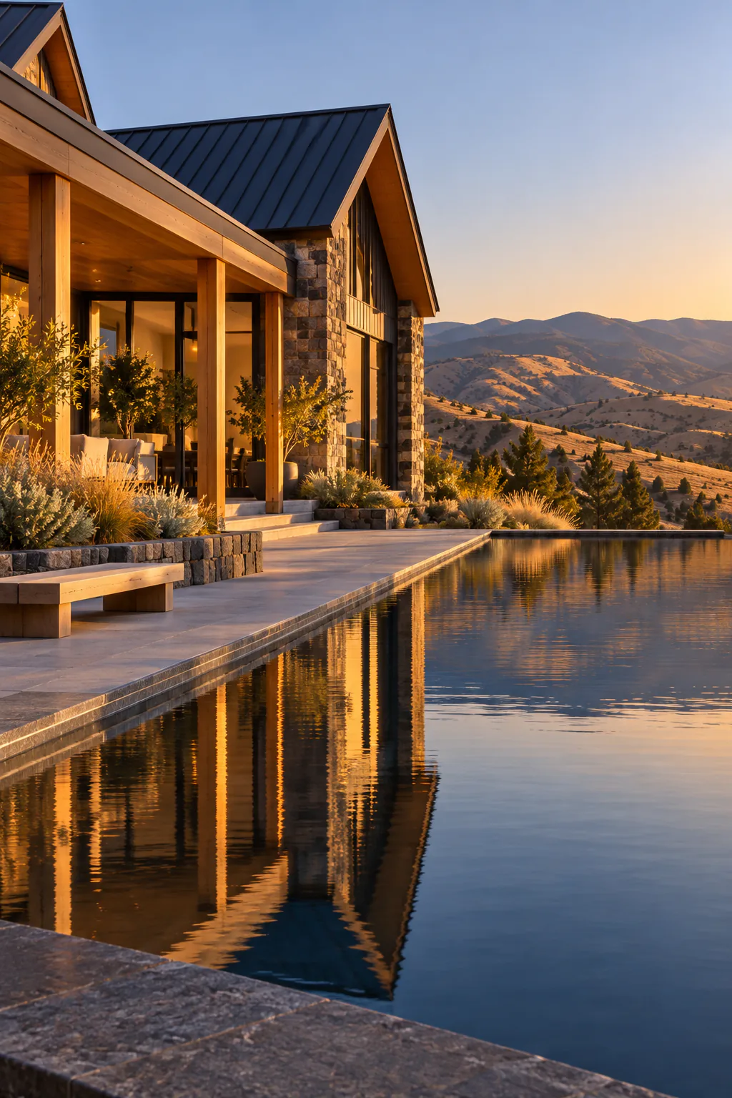 The end of a lap pool at golden hour: still dark water reflecting cedar loggia columns, with a low oak bench and native grasses beside it.