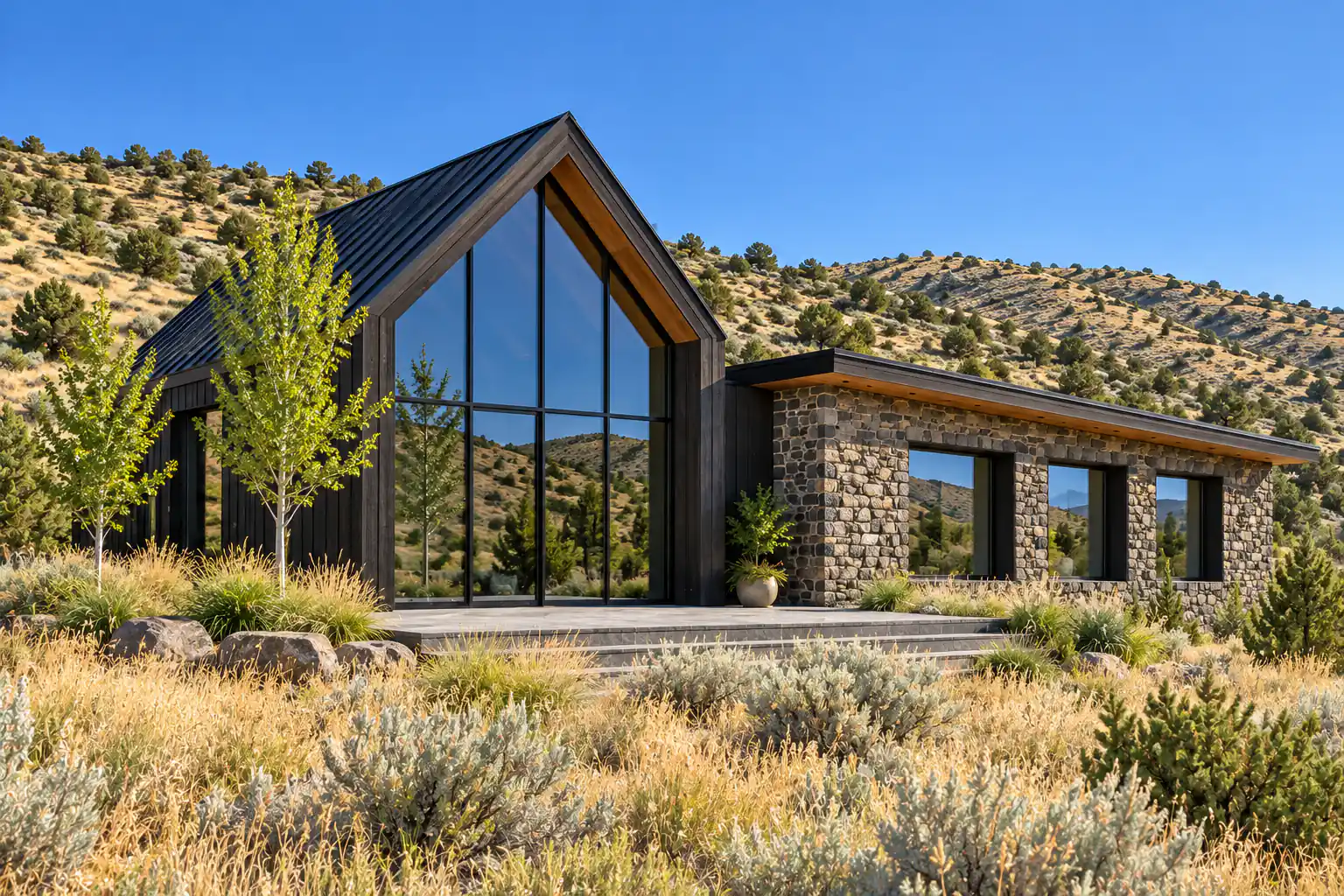 A home on a level bench under a clear summer sky: a tall four-pane glass gable in black cedar on the left, reflecting the hills, and a low stone wing with three deep-set windows on the right, among dry grasses and young aspens.