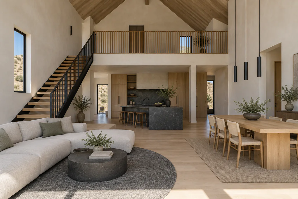 A double-height living and dining room: an oak stair with a black rail climbs the left wall to a landing across the back, a kitchen with a dark stone island sits beneath it, and an oak dining table under black pendants is on the right.
