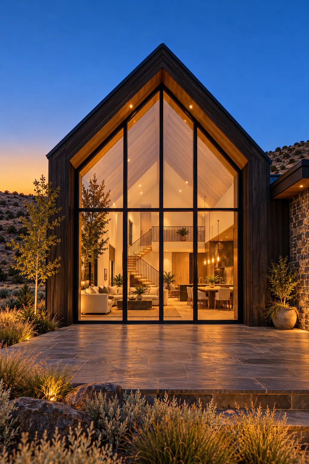 The glass gable at dusk, from the terrace.