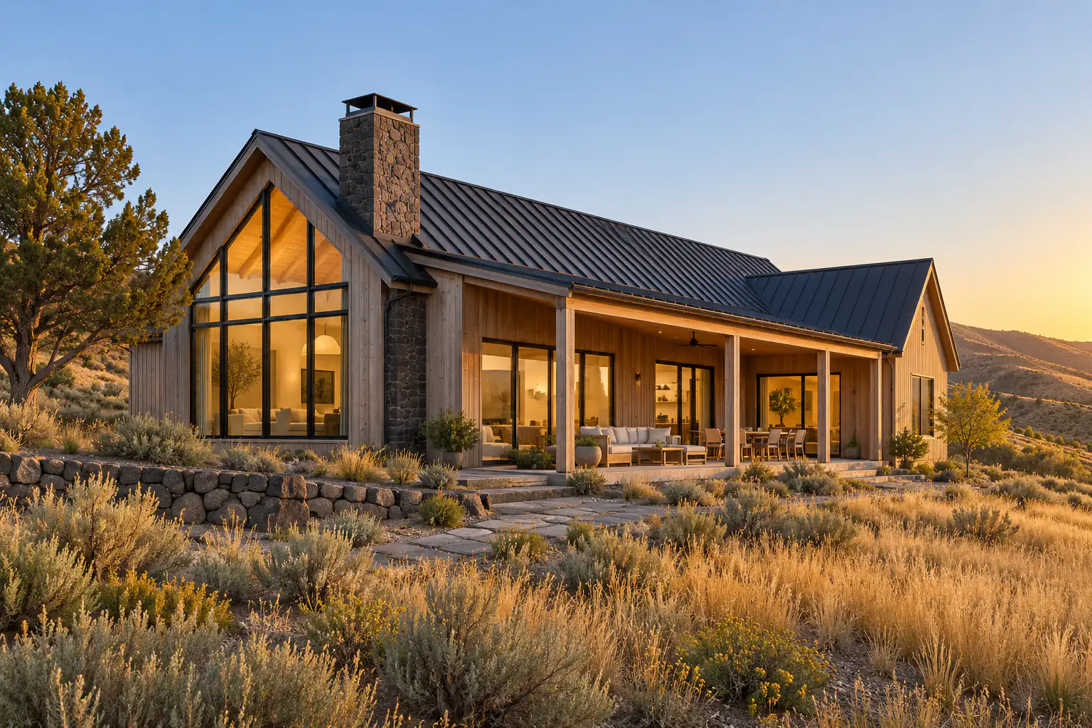 A long, low single-storey home at golden hour: a tall glass gable at one end, a covered porch on square cedar posts, a stone chimney and silver-tan cedar siding above a meadow of native grasses.