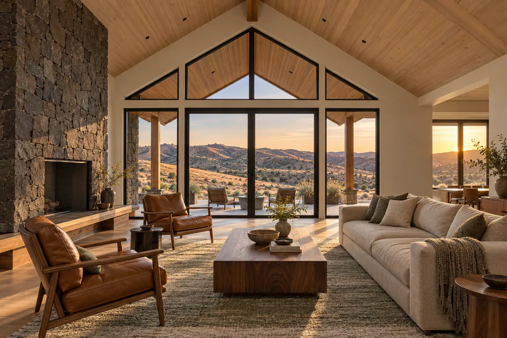A vaulted great room with a pale oak ceiling and a stone fireplace on the left, a linen sofa and two leather chairs, and a glass wall opening to the porch and the foothills.