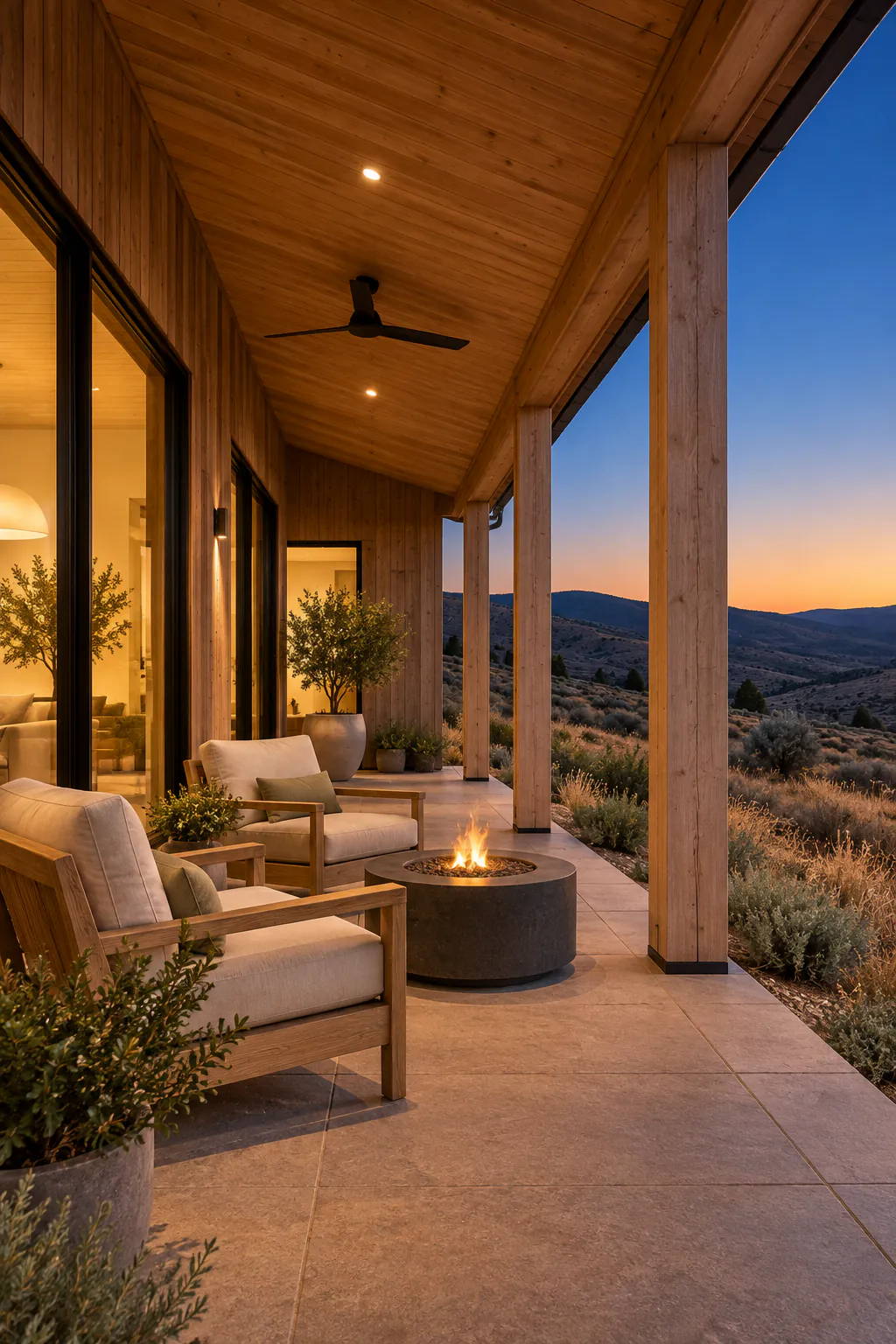 The covered porch at blue hour: a row of cedar posts, a plank ceiling with downlights, and two oak chairs around a low stone fire table with a small flame.
