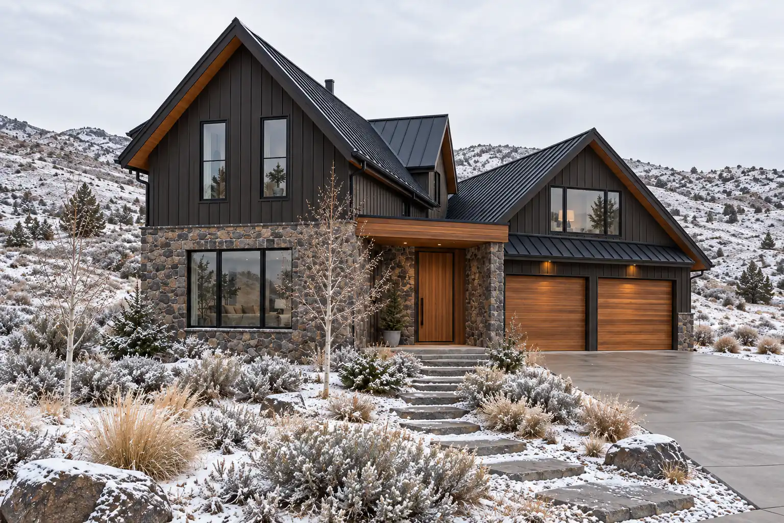 A two-storey home after a light snow: a tall stone-and-charcoal-board gable on the left, a lower garage wing with two cedar-slat doors on the right and a recessed cedar entry between, among snow-dusted sage and foothills under an overcast sky.