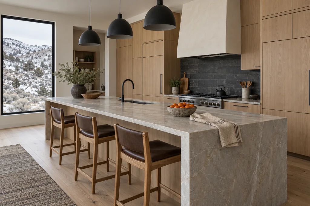 A white-oak kitchen with a long pale quartzite island, three leather-and-oak stools, black dome pendants and a dark tile range wall, with a side window onto snow-dusted foothills.