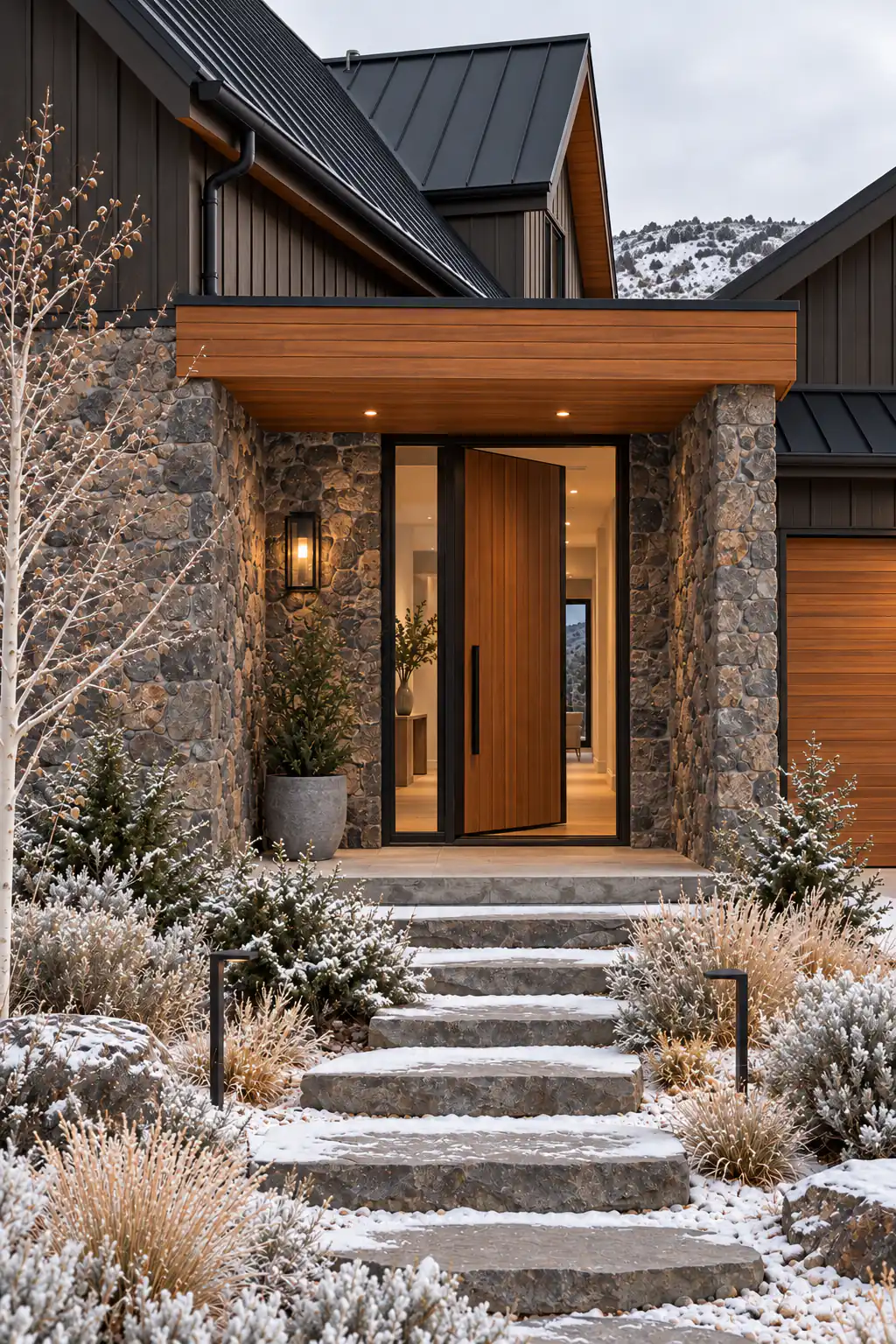 The recessed entry after snow: a cedar front door standing open, a stone wall with a lit lantern, a flat cedar canopy with downlights, and basalt step stones dusted with snow among frosted shrubs and a bare birch.