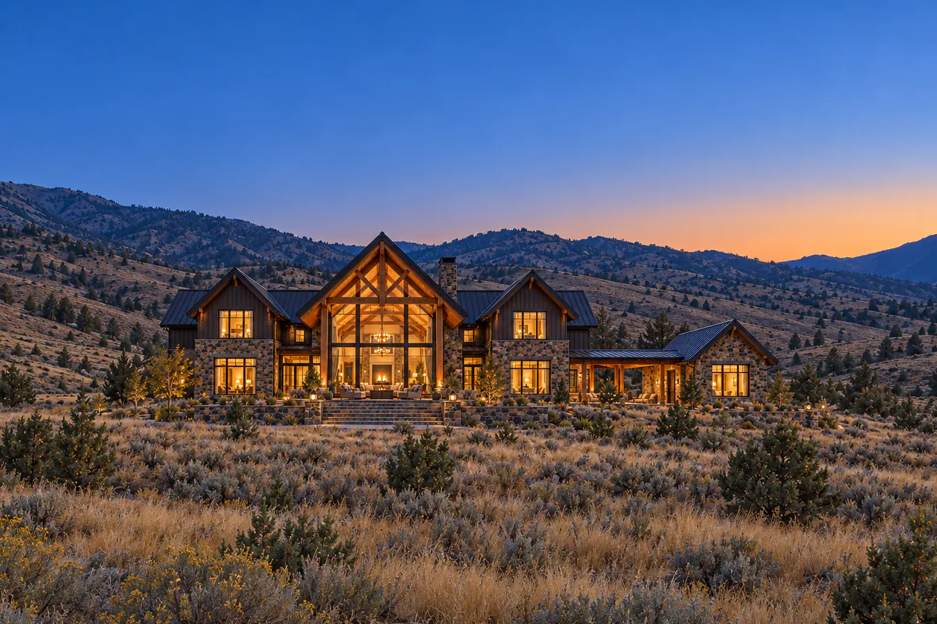 A large home on a broad saddle between two ridges at blue hour: a glass great-room gable framed in timber at the centre, a stone-and-board wing on each side and a small casita to the right, every window lit.