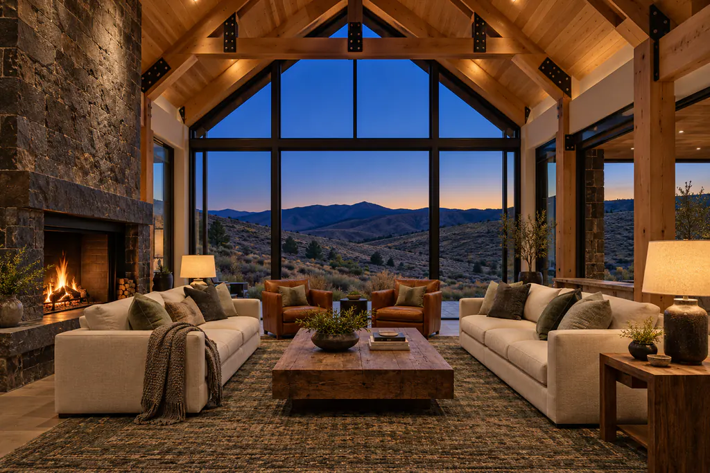 A tall great room with heavy timber trusses, a stone fireplace with a lit fire, two linen sofas facing each other and a glass gable showing the blue dusk.