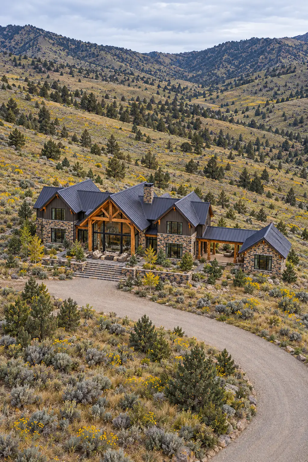An aerial view of a large home on a broad saddle: a timber-framed glass great-room gable at the centre, stone-and-board wings on each side and a covered breezeway to a small stone casita, with a gravel drive curving through sage and yellow wildflowers.