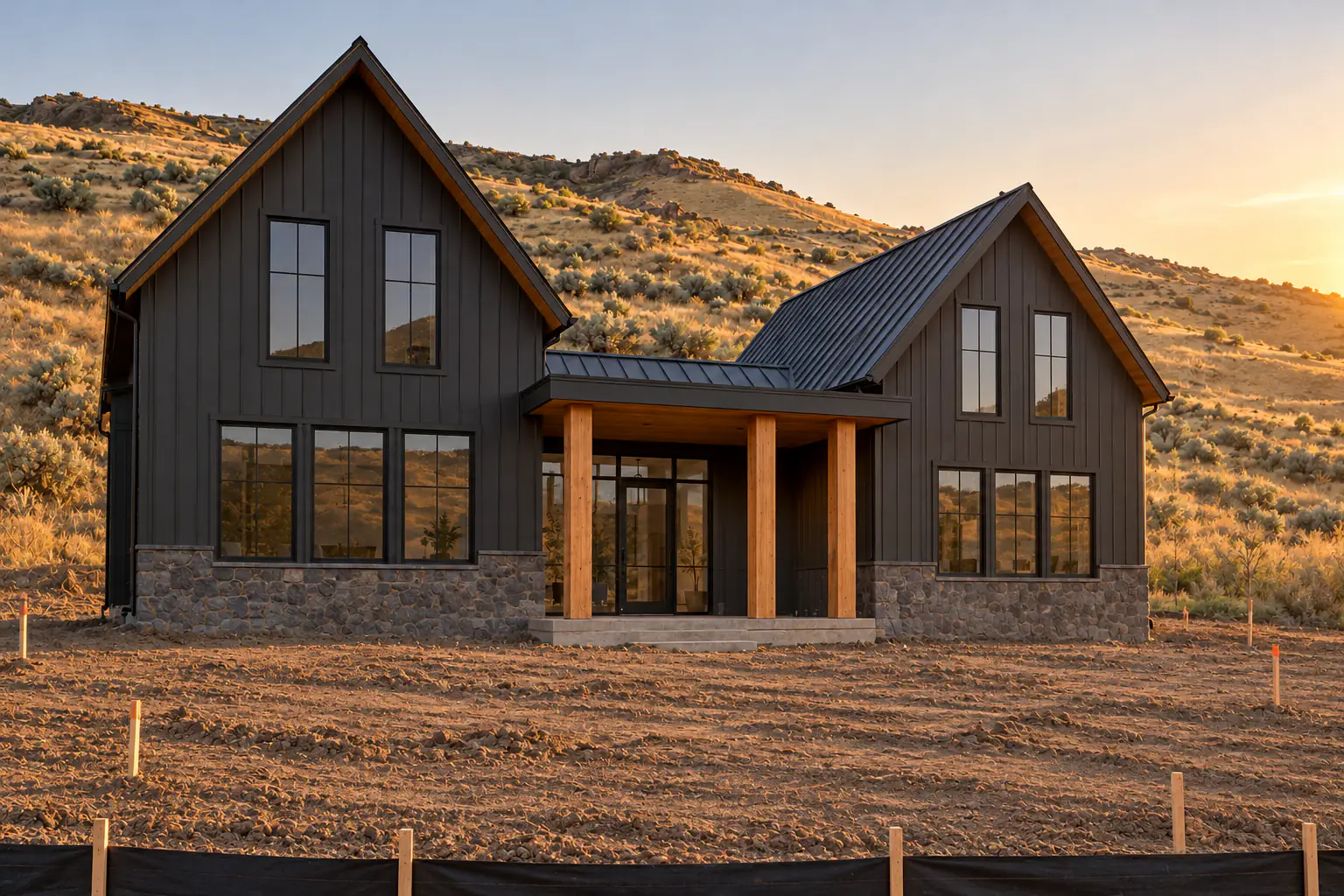 The finished exterior in bare topsoil: charcoal siding, stone base and cedar posts, with construction stakes and a silt fence at the front edge.