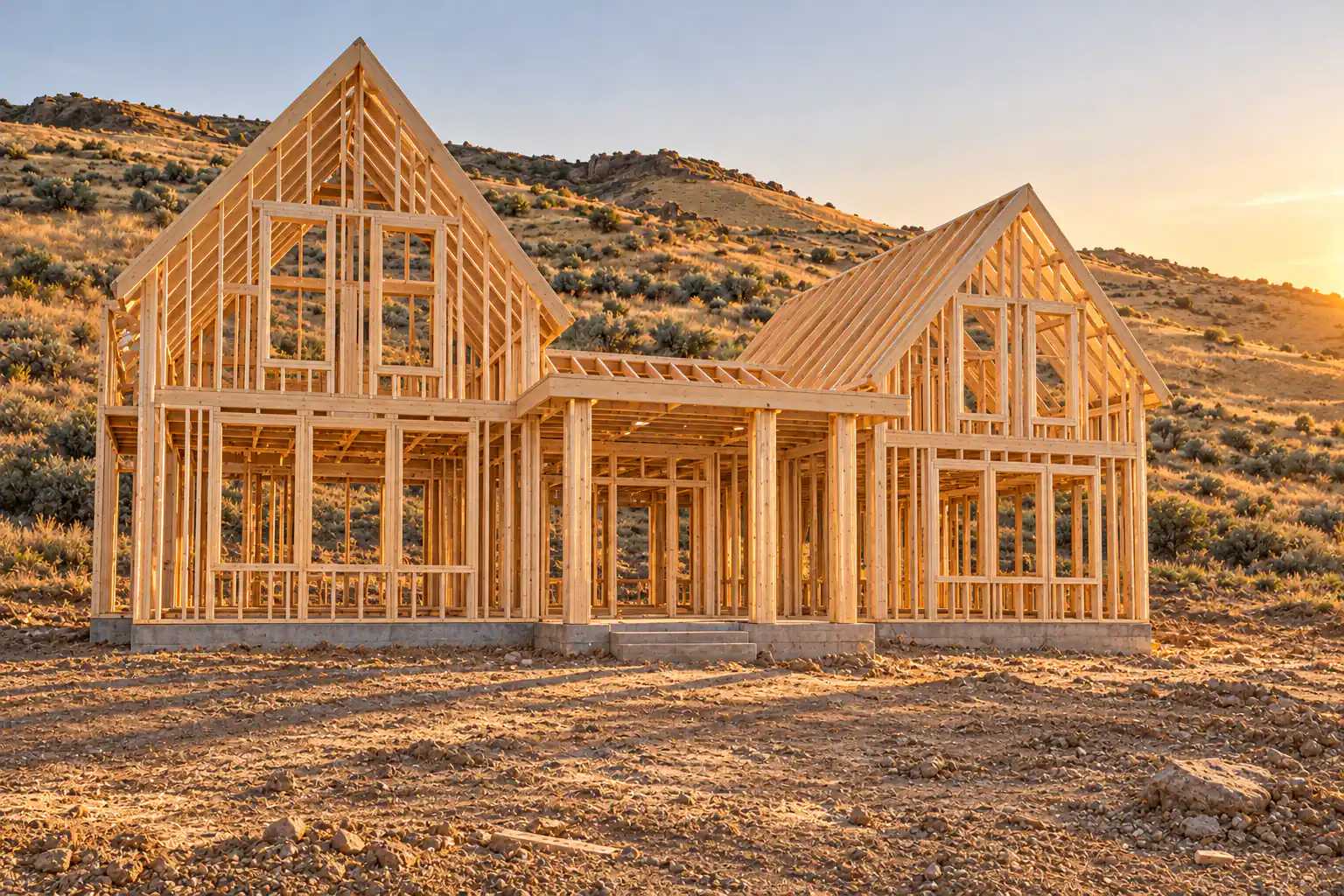 The house framed in pale lumber: two gabled wings, studs, rafters and the porch posts, open to the sky.