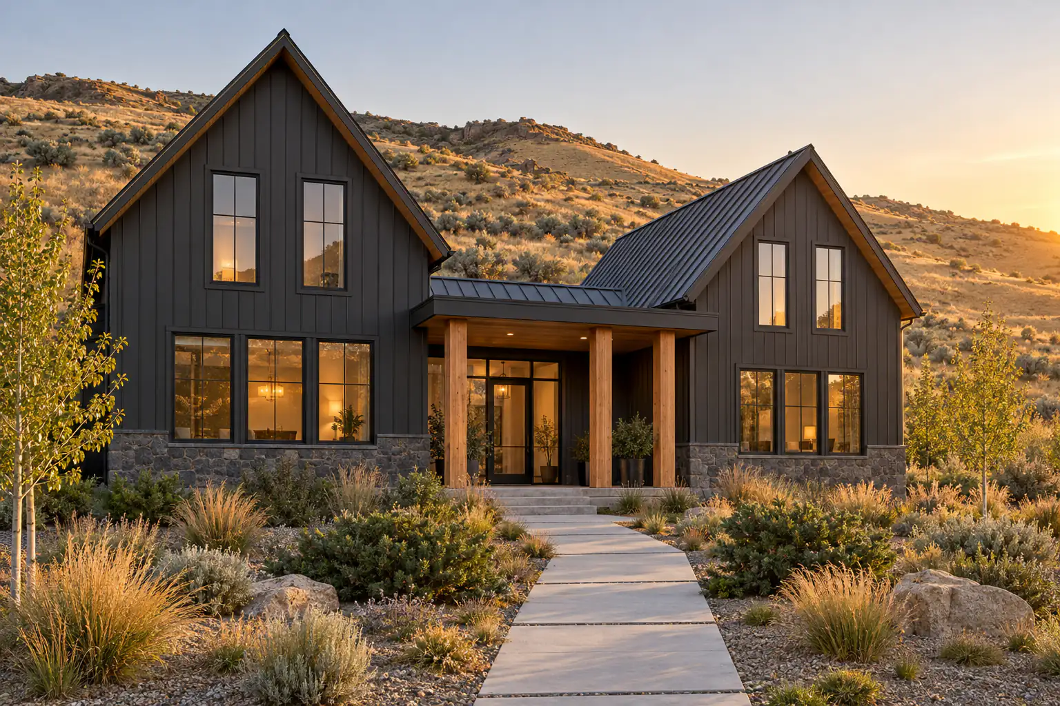 The finished house at golden hour: a charcoal board-and-batten home with two gabled wings, a bronze standing-seam roof, a stone base and a covered porch on cedar posts, on a dry foothill lot.