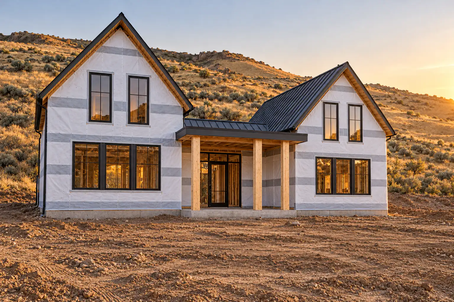 The house closed in: white weather barrier on the walls, the dark metal roof on and the windows in, before any siding.