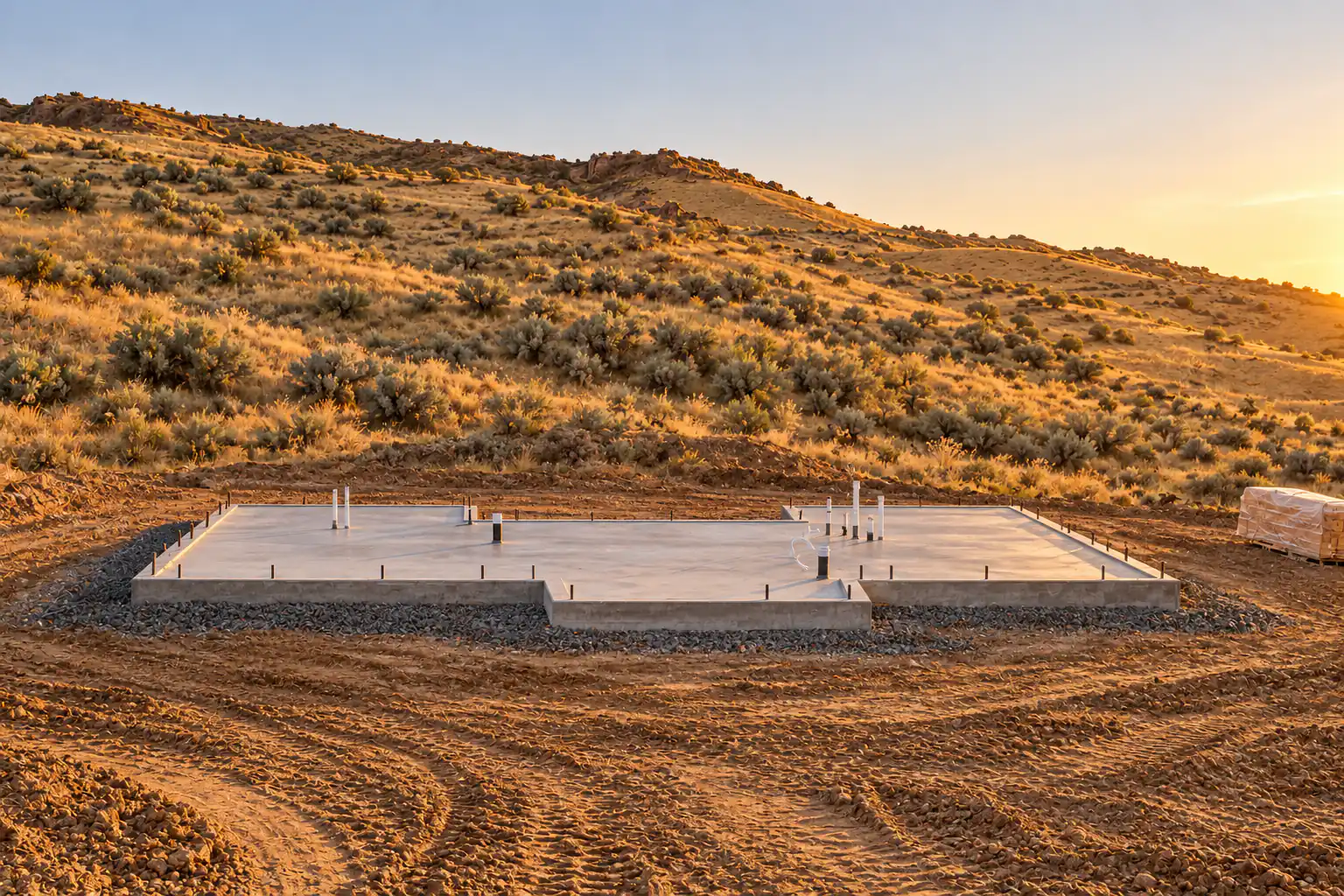 The lot at the first stage: a freshly poured concrete slab with plumbing stub-ups and a gravel border on raw graded dirt, foothills behind.